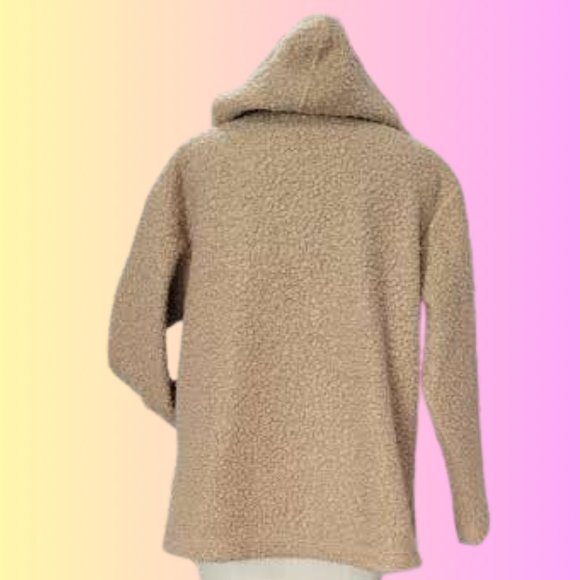 CAMEL FAUX CURLY SHEARLING PULLOVER HOODIE WITH KANGAROO POCKETS SIZE L - Picture 2 of 3